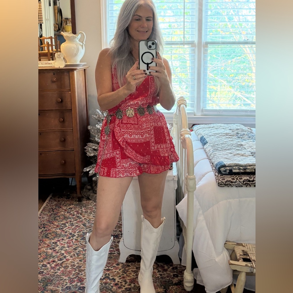 Honey & Sparkle S cowgirl red bandana waist defined romper cowgirl core hippie